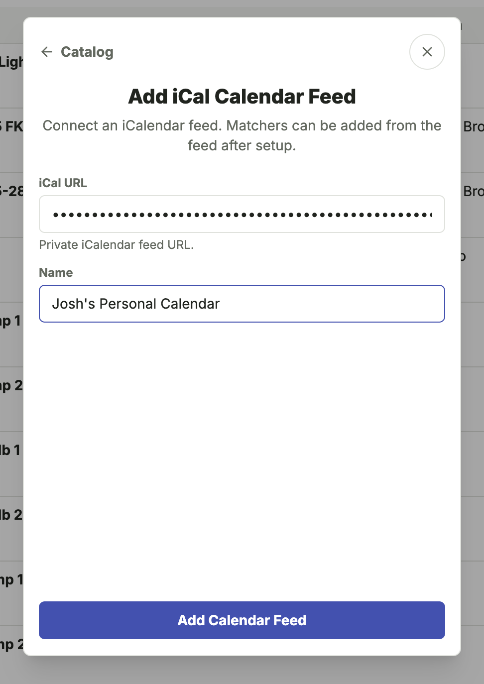 Add iCal Calendar Feed setup screen