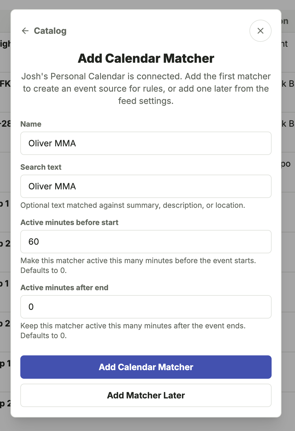 Add Calendar Matcher setup screen
