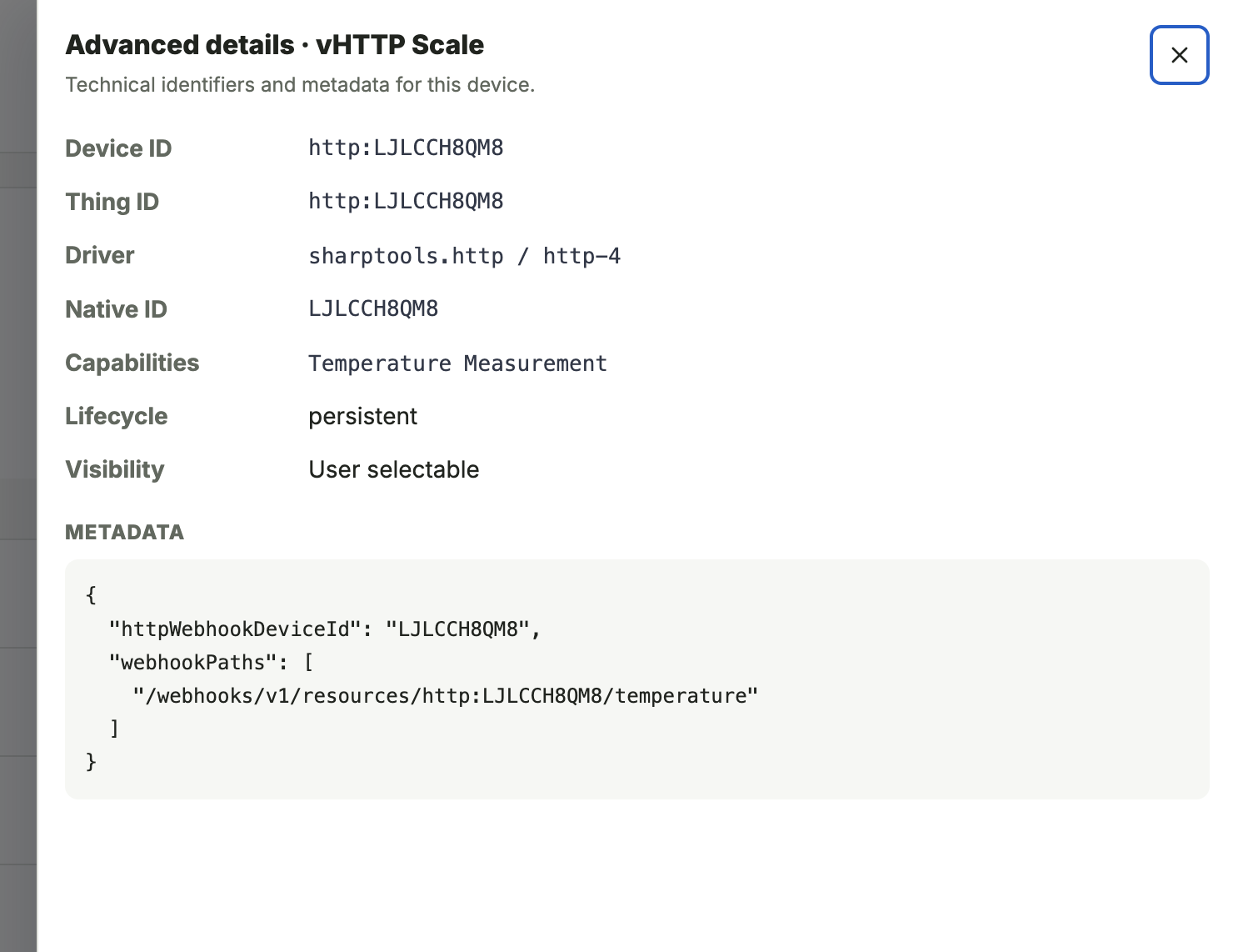 HTTP Webhook Device Advanced Details showing webhook paths