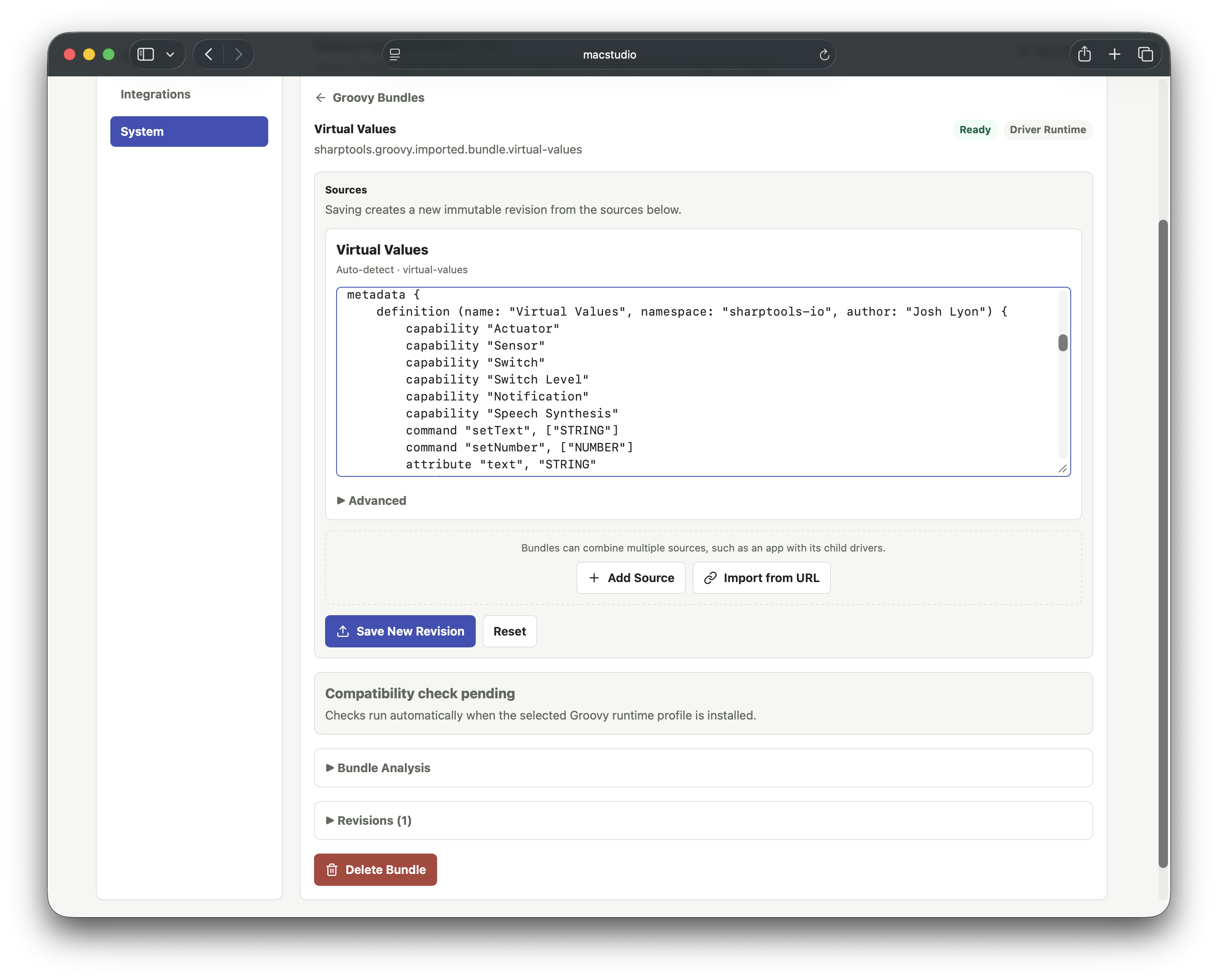 Groovy Bundle editor with source, compatibility check, analysis, and revisions