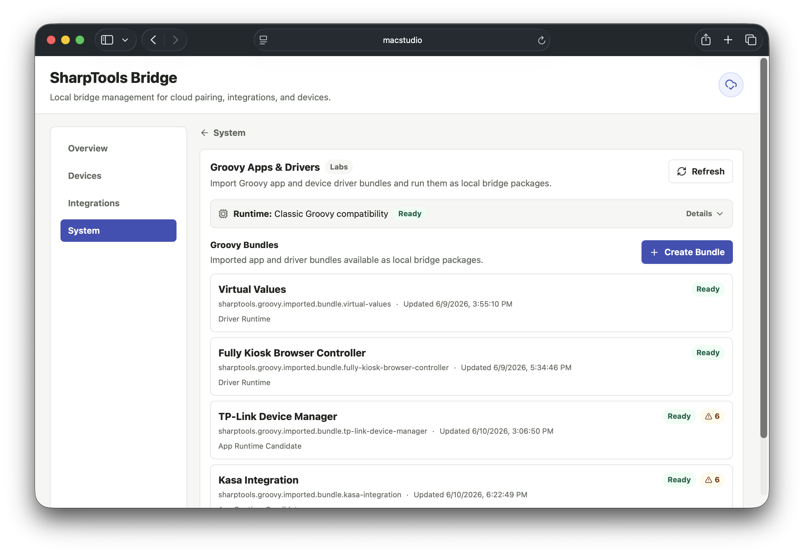 Groovy Bundles list with runtime ready status