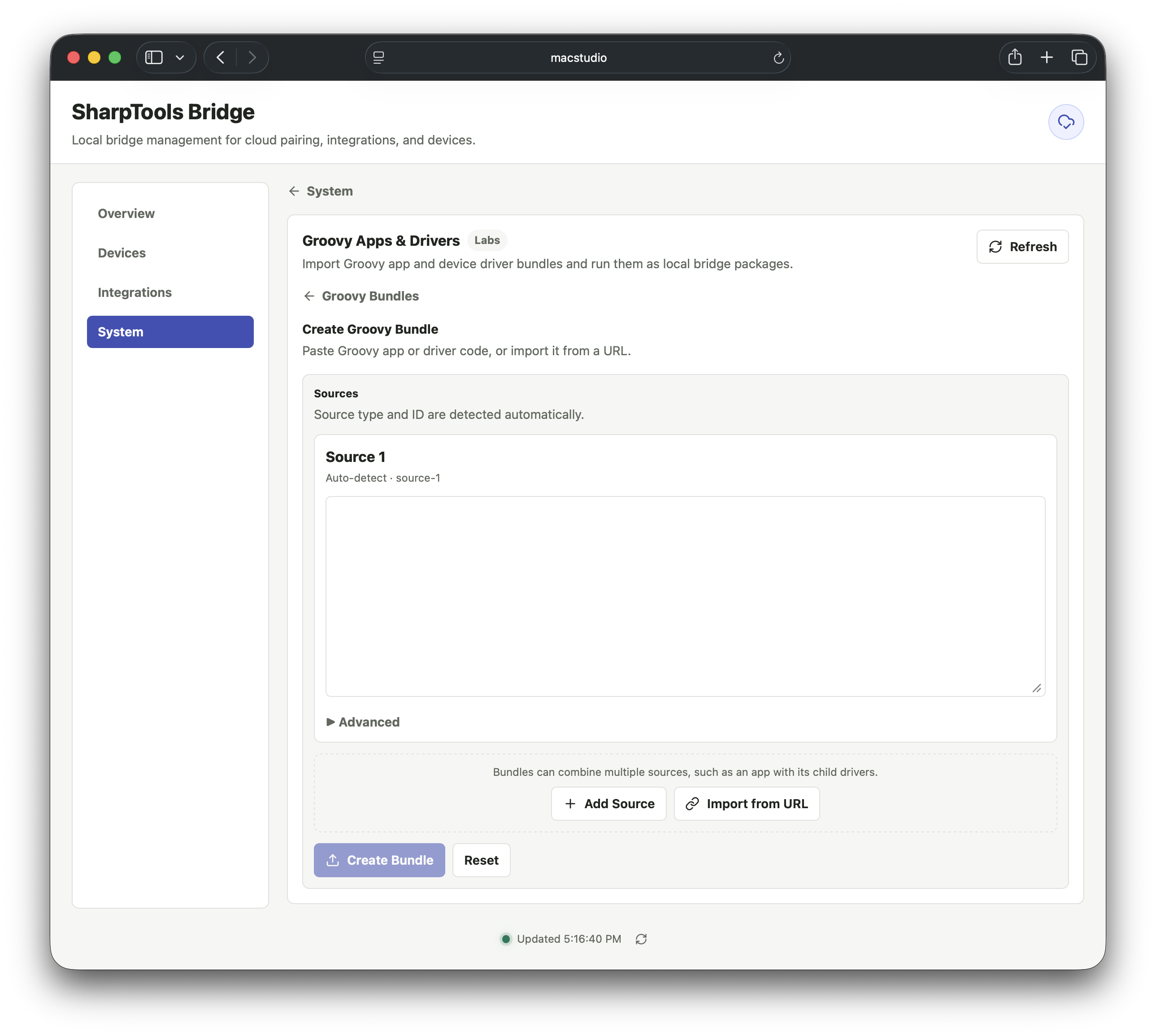 Create Groovy Bundle screen with source editor and import buttons