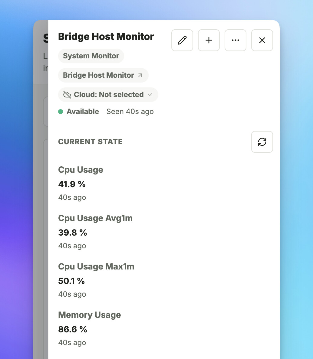 Bridge Host Monitor device details showing CPU and memory metrics