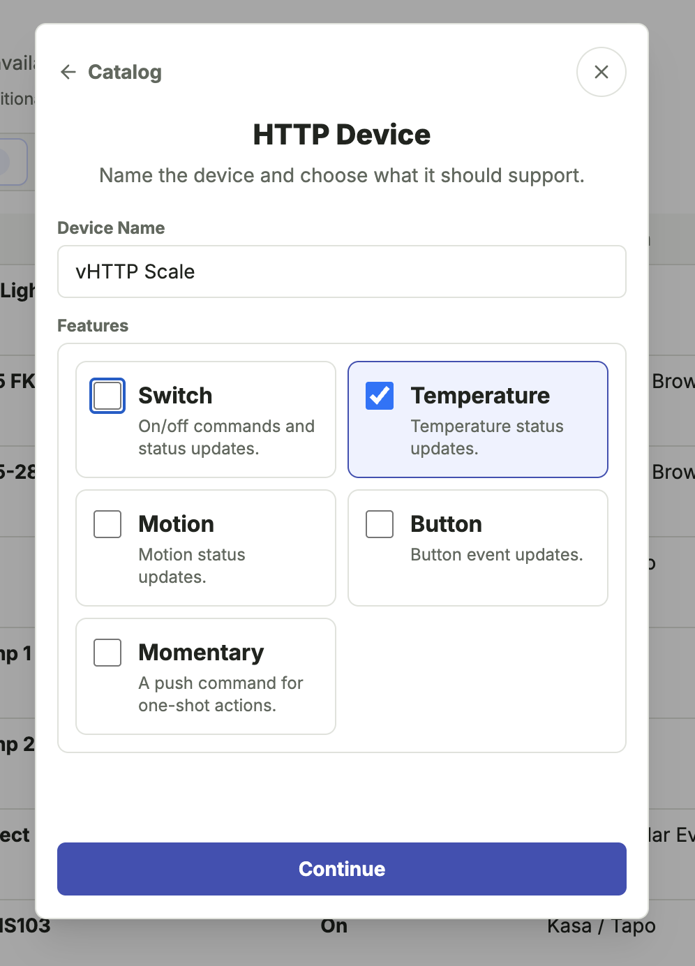 HTTP Webhook Device feature selection screen