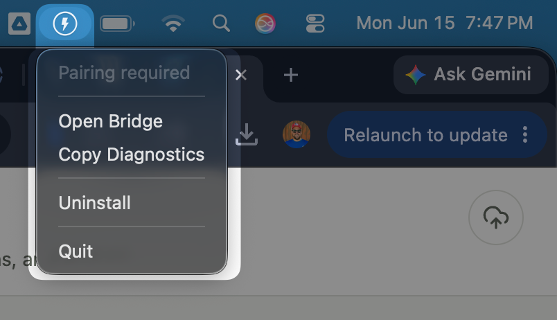 SharpTools Bridge macOS menu with Open Bridge option