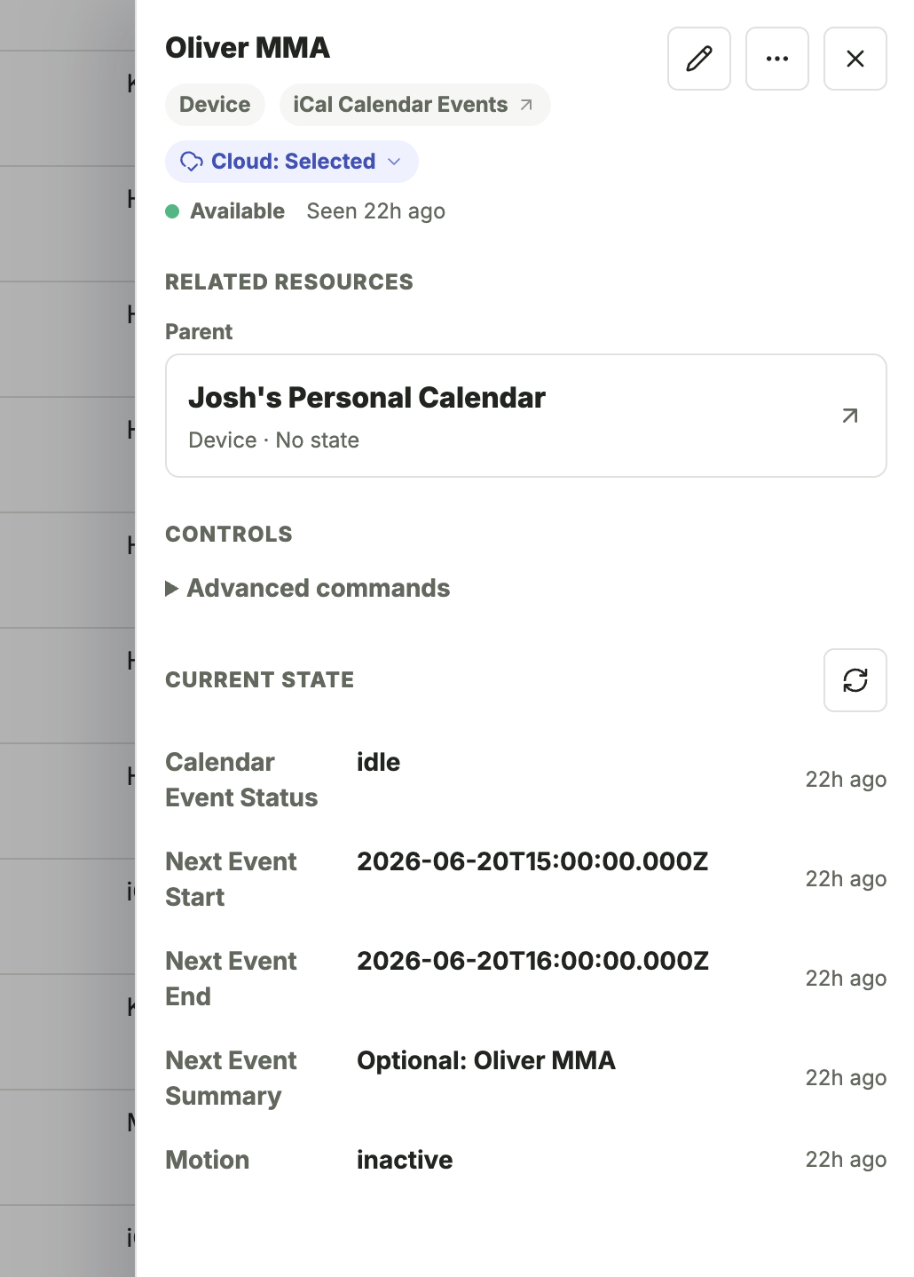 Calendar Matcher device details showing current state